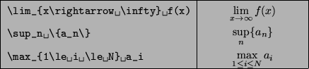 \begin{tabular}{\vert l\vert p{0.25\textwidth}\vert}
\hline
\verb*'\lim_{x\rig...
...\le i \le N}
a_i\end{displaymath}\end{minipage} \\ [1ex]
\hline
\end{tabular}% WIDTH=437 HEIGHT=98 