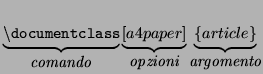 \(
\underbrace{\texttt{$\backslash$ documentclass}}_{\textit{comando}}
\underbrace{[a4paper]}_{\textit{opzioni}}
\underbrace{\{article\}}_{\textit{argomento}}
\)